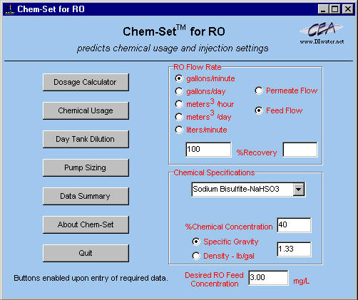 Main Page of Chem-Set for RO Chemical Injection Software