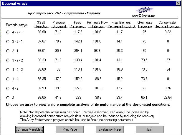 A number of potential array stagings may be listed with their comparative performance given.