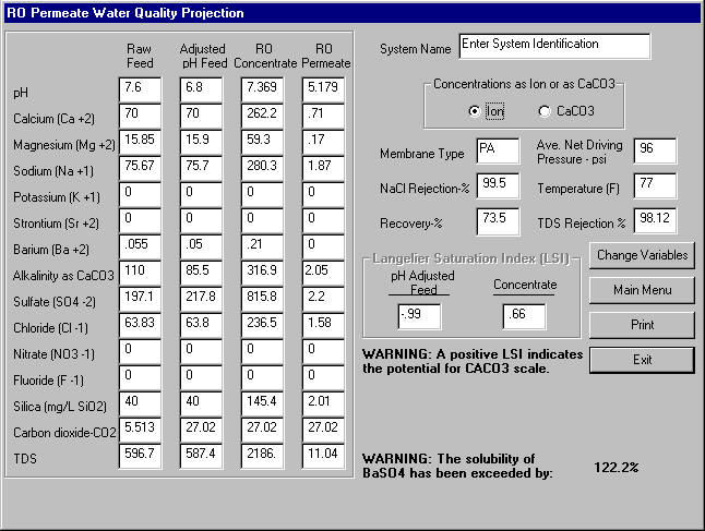 A permeate quality ionic analysis and the potential for scale formation is evaluated based on the entered conditions.